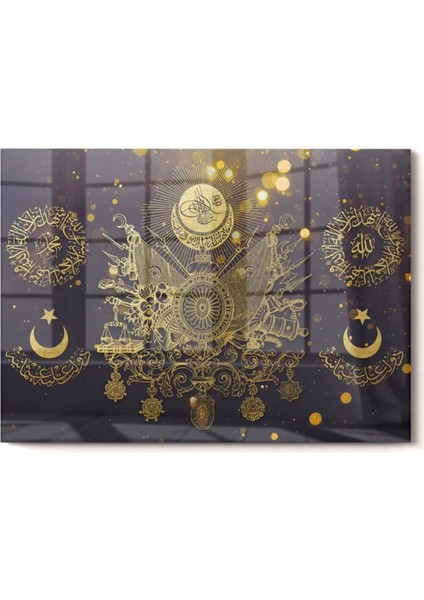 Gold Detaylı Osmanlı Tuğrası Allah Muhammed | Osmanlı Temalı Cam Tablo | 50 x 70 cm