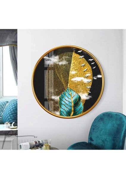 Gold Yapraklar Yuvarlak Cam Tablo