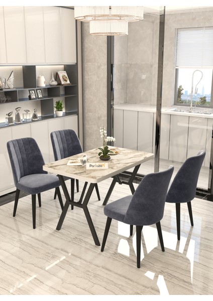 Pia 70x110 cm Efes Mutfak Masası, Masa Sandalye Takımı, Masa Takımı, 4 Gri Sandalye