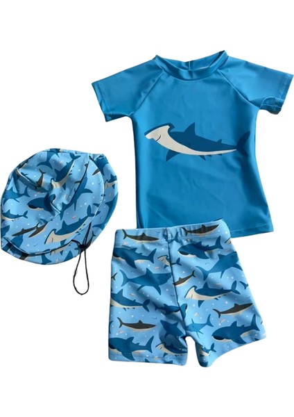 3’lü Uv Korumalı Erkek Çocuk Şapka Mayo T-Shirt 3’lü Set Mavi Köpekbalığı Desenli Hammershark