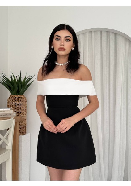 Straplez A Kesim Siyah Beyaz Mini Elbise
