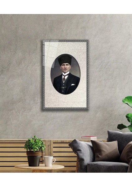 Çerçeveli Atatürk Portresi Cam Tablo, Ev ve Ofis Duvar Dekoru, Büyük Temperli Cam Tablo