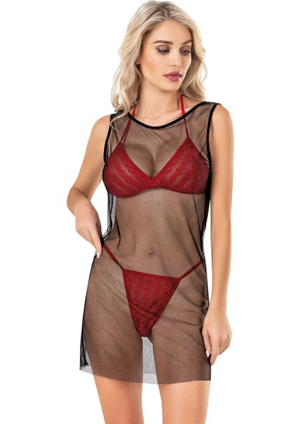 444 Kırmızı Fantastik Takım Siyah Tül Plaj Tunik