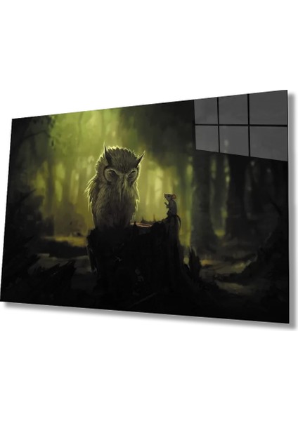 Marsilyan- Baykuş Fare Orman Gece Yeşil Cam Tablo