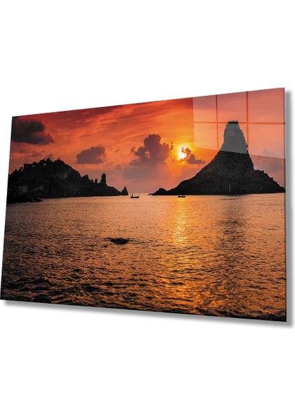 Marsilyan- Gün Batımı Deniz Kayıklar Cam Tablo