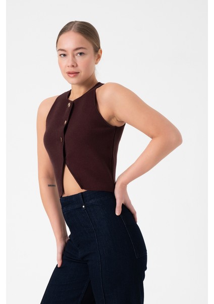 Düğmeli Kahverengi Crop Kadın Triko Yelek modelleri