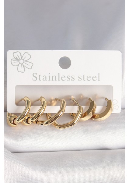316L Çelik Gold Renk Altıgen Halka Model Kadın Küpe Seti - TJ-BKP10387