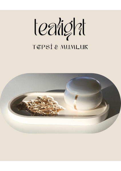 Tealight Mumluk & Tepsi Seti | Özel Tasarım | Kabartmalı Desen | 3 Parça | Gold Boyama