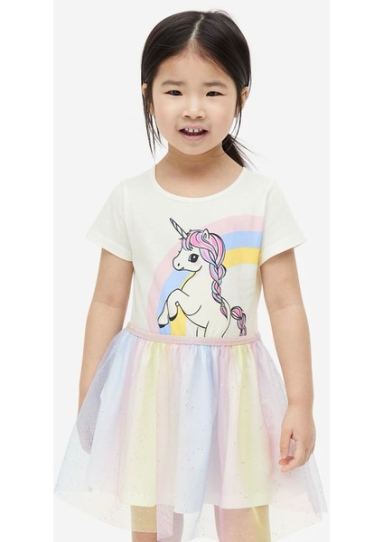 Renkli Unicorn Baskılı Tüllü Elbise