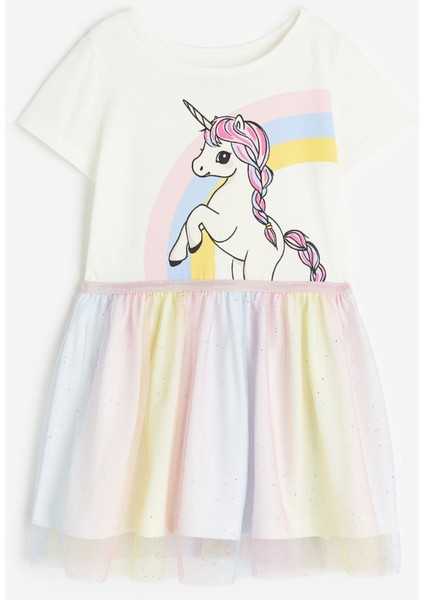 Renkli Unicorn Baskılı Tüllü Elbise
