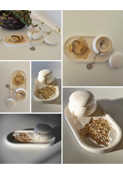 Tealight Mumluk & Tepsi Seti | Özel Tasarım | Kabartmalı Desen | 3 Parça | Gold Boyama