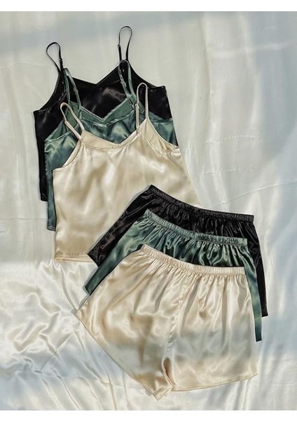 Gorglıtter Kadın 6 Parçalı Gecelik Saten Pijama Takımları Askılı Üst ve Şort Pj Takımları