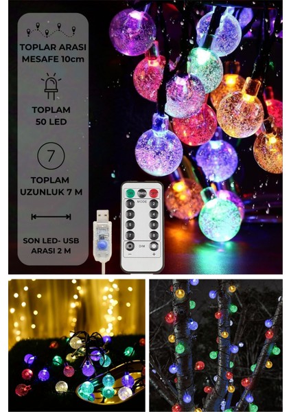 50 Ledli Usbli Kumandalı 8 Modlu Kristal Toplu Işık Parti Süsleme Organizasyon RGB Çok Renkli Işık modelleri