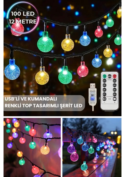 100 Ledli Usbli Kumandalı 8 Modlu Kristal Toplu Işık Parti Süsleme Organizasyon RGB Çok Renkli Işık