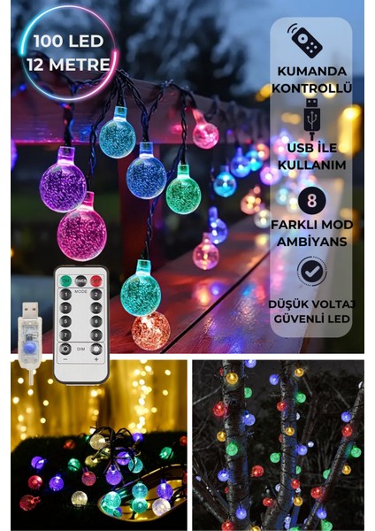 100 Ledli Usbli Kumandalı 8 Modlu Kristal Toplu Işık Parti Süsleme Organizasyon RGB Çok Renkli Işık