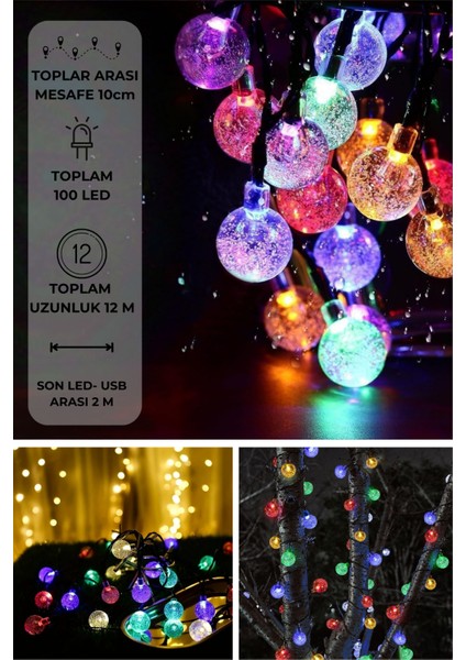 100 Ledli Usbli Kumandalı 8 Modlu Kristal Toplu Işık Parti Süsleme Organizasyon RGB Çok Renkli Işık
