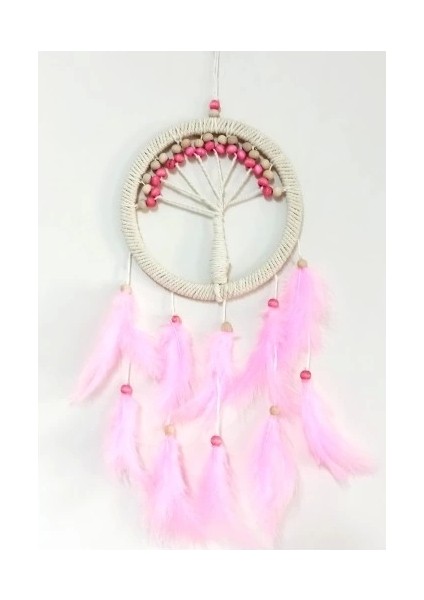 Pembe Kuş Tüylü Hayat Ağacı Düş Kapanı Dream Catcher Duvar Süsü