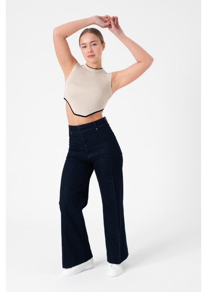 Kolsuz Triko Crop Bluz - Bej