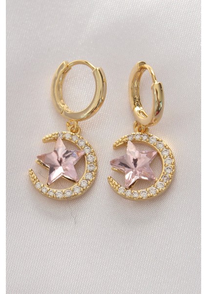 Pirinç Gold Renk Pembe Zirkon Taşlı Yıldız Detay Ay Küpe - TJ-BKP8965