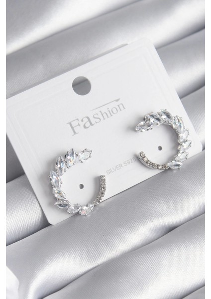 Pirinç Gümüş Renk Zirkon Taşlı Kadın Küpe - TJ-BKP8510