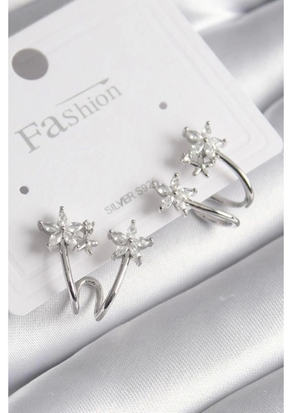 Pirinç Gümüş Renk Zirkon Taşlı Çiçek Model Kadın Küpe - TJ-BKP9746