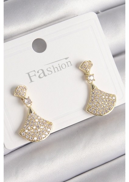 Pirinç Gold Renk Zirkon Taşlı Motif Model Kadın Küpe - TJ-BKP9778