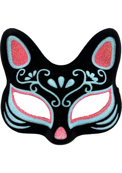 Siyah Renk Süet Kaplama Üzeri Mavi Kırmızı Simli Kedi Maskesi 17X14 cm (4887)
