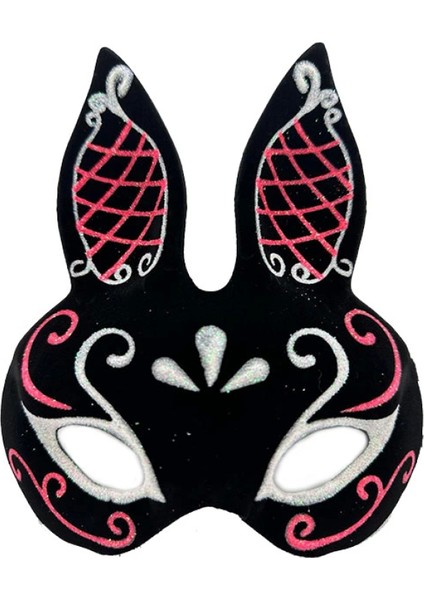 Siyah Renk Kırmızı Beyaz Simli Siyah Süet Kaplama Tavşan Maskesi 18X16 cm (4887)