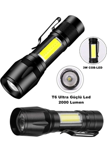 Ultra Çift Yönlü Güçlü Pilli LED El Feneri 2000 Lümen 6W Cob LED Su Geçirmez Zoomlu 3 Modlu
