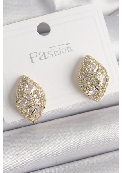 Pirinç Gold Renk Zirkon Taş Işlemeli Damla Model Kadın Küpe - TJ-BKP9862