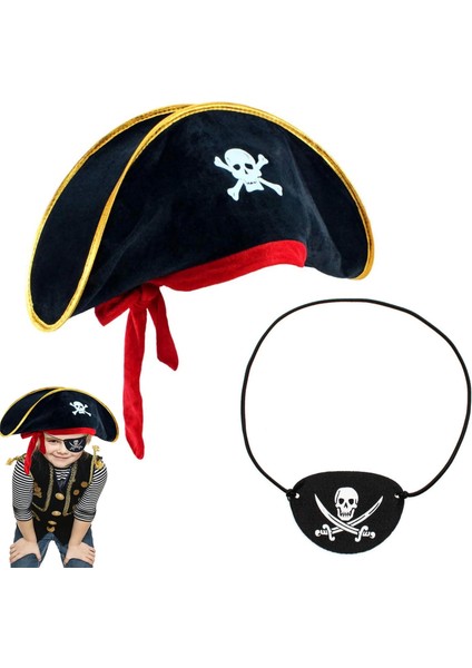 Çocuk Kadife Korsan Şapka & Vinleks Deri Göz Bandı Seti