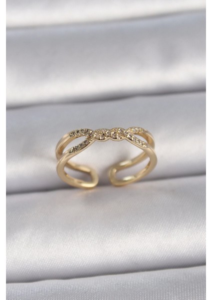 Pirinç Gold Renk Ayarlanabilir Zirkon Taşlı Sarmal Model Kadın Yüzük - TJ-BYK3400