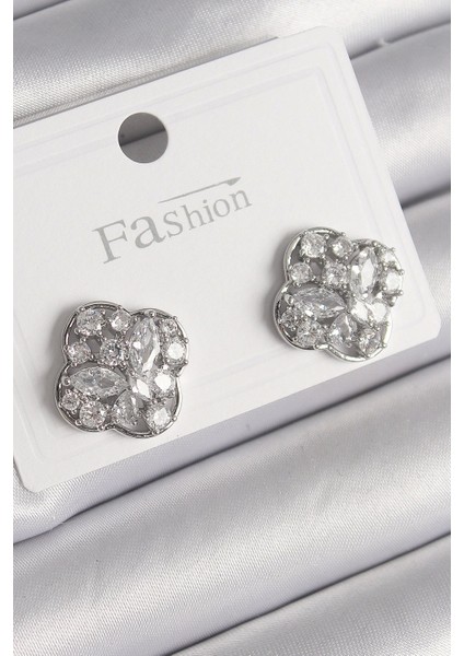 Pirinç Gümüş Renk Zirkon Taşlı Yonca Model Kadın Küpe - TJ-BKP9763