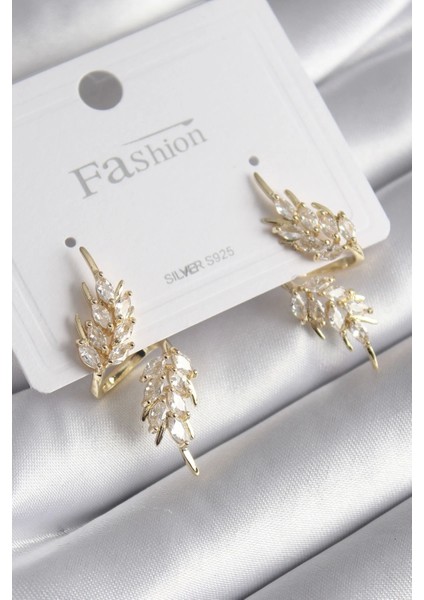 Pirinç Gold Renk Zirkon Taşlı Yaprak Model Kadın Küpe - TJ-BKP8607