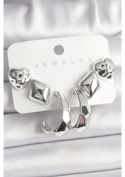 Gümüş Renk Kalp Halka Figür Ccb Plastik Kadın Küpe Seti - TJ-BKP10019