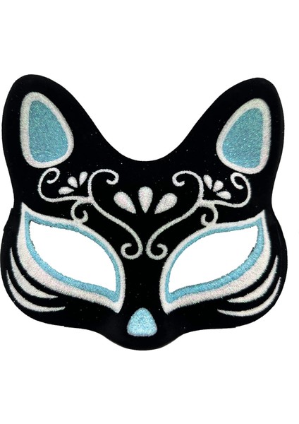 Siyah Renk Süet Kaplama Üzeri Gümüş Mavi Simli Kedi Maskesi 17X14 cm (4887)