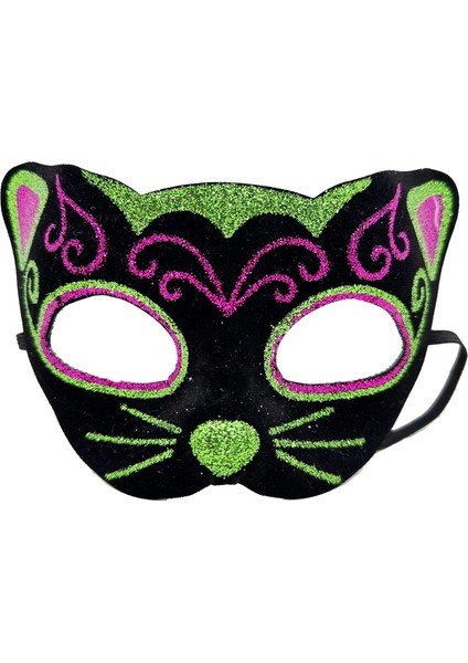 Siyah Kadife Kaplama Üzeri Pembe Yeşil Sim Işlemeli Kedi Maskesi 20X13 cm (4887)