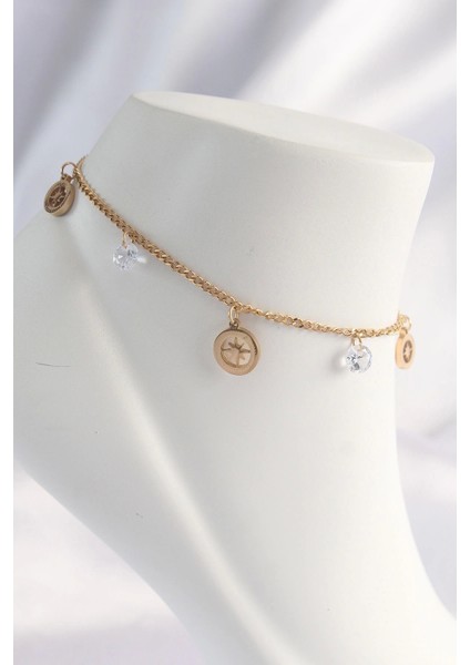 316L Çelik Gold Renk Zirkon Taşlı Yıldızlı Halhal - TJ-HH1620