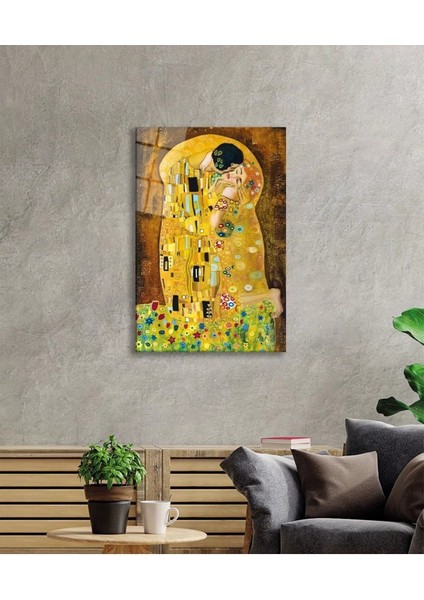 Gustav Klimt Öpücük Cam Tablo, Ev ve Ofis Duvar Dekoru,