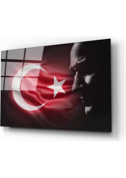 Türk Bayrağı ve Atatürk Silüet 2 Cam Tablo