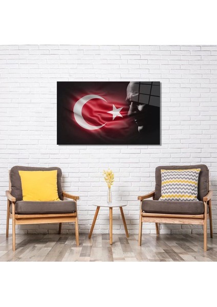 Türk Bayrağı ve Atatürk Silüet 2 Cam Tablo