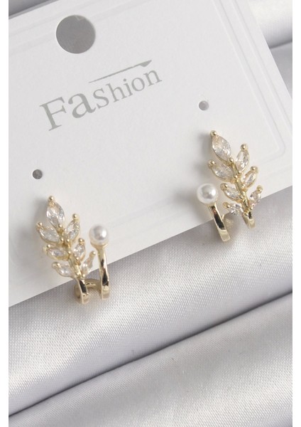 Pirinç Gold Renk Zirkon Taşlı Yaprak Model Inci Detay Küpe - TJ-BKP9959