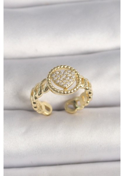 Pirinç Gold Renk Ayarlanabilir Zirkon Taşlı Kalp Model Kadın Yüzük - TJ-BYK3604
