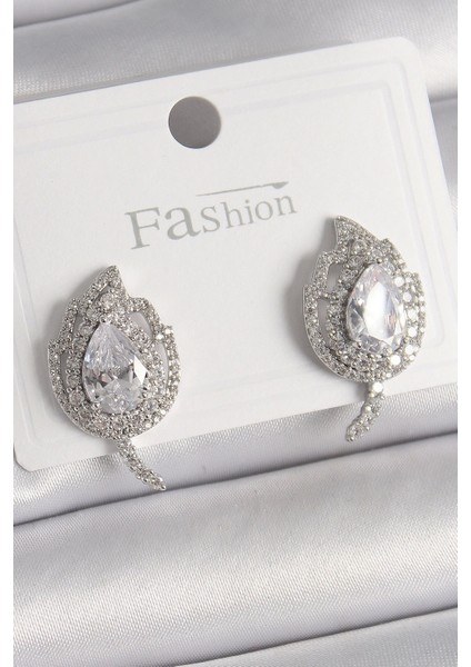 Pirinç Gümüş Renk Zirkon Taşlı Yaprak Model Kadın Küpe - TJ-BKP9946