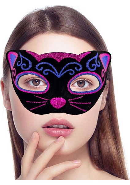 Siyah Kadife Kaplama Üzeri Pembe Mavi Sim Işlemeli Kedi Maskesi 20X13 cm (4887) fiyatları