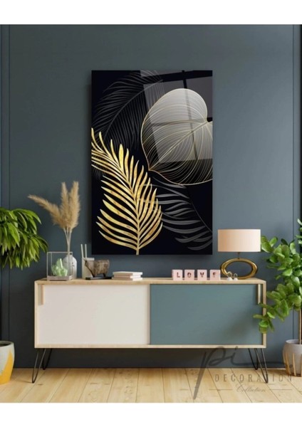 Gold Yapraklar Cam Tablo
