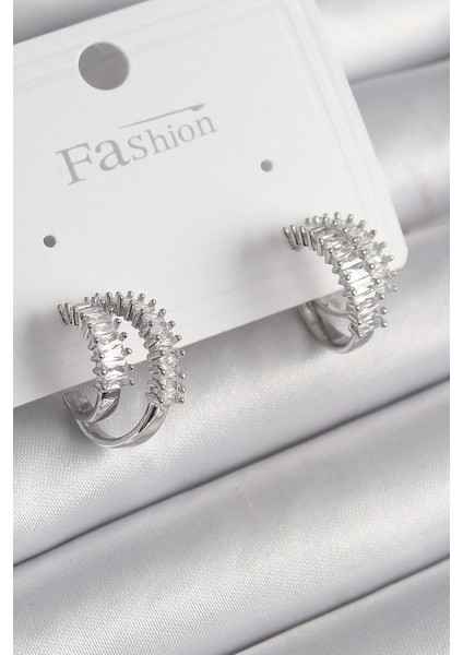 Pirinç Gümüş Renk 2'li Zirkon Taşlı Halka Model Kadın Küpe - TJ-BKP9976