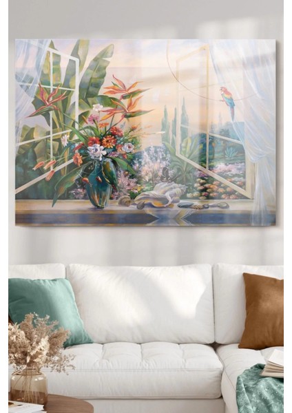 Çiçekli Vazo ve Doğa Manzarası | Manzara Temalı Cam Tablo | 50 x 70 cm fiyatları