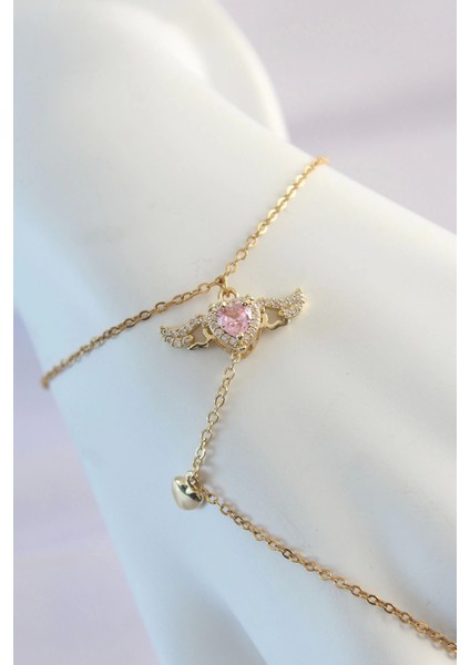 316L Çelik Gold Renk Pembe Zirkon Taşlı Kanatlı Kalp Model Şahmeran - TJ-SN585