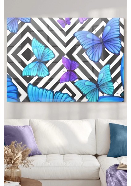 Geometrik Desenli Mavi Kelebek | Hayvan Temalı Cam Tablo | 50 x 70 cm